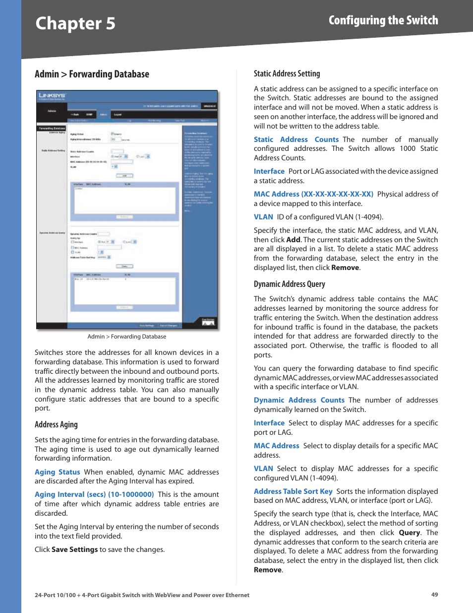 Admin > forwarding database, Chapter, Configuring the switch | Linksys SRW224G4P User Manual | Page 53 / 72