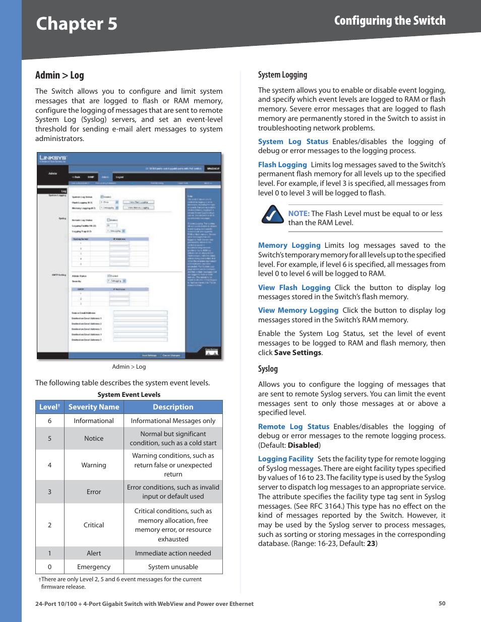 Admin > log, Chapter, Configuring the switch | Linksys SRW224G4P User Manual | Page 54 / 72