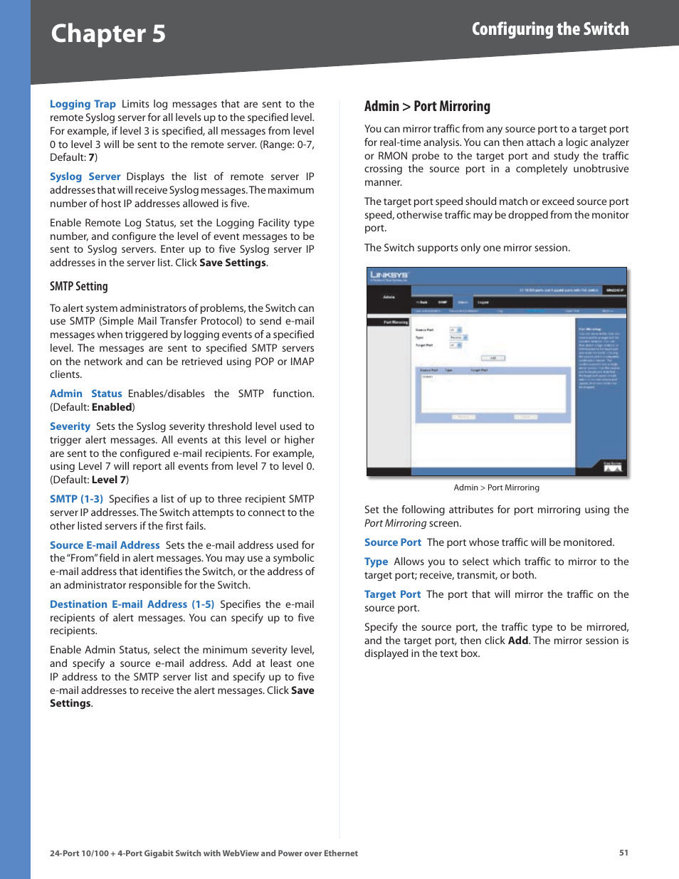 Admin > port mirroring, Chapter, Configuring the switch | Linksys SRW224G4P User Manual | Page 55 / 72