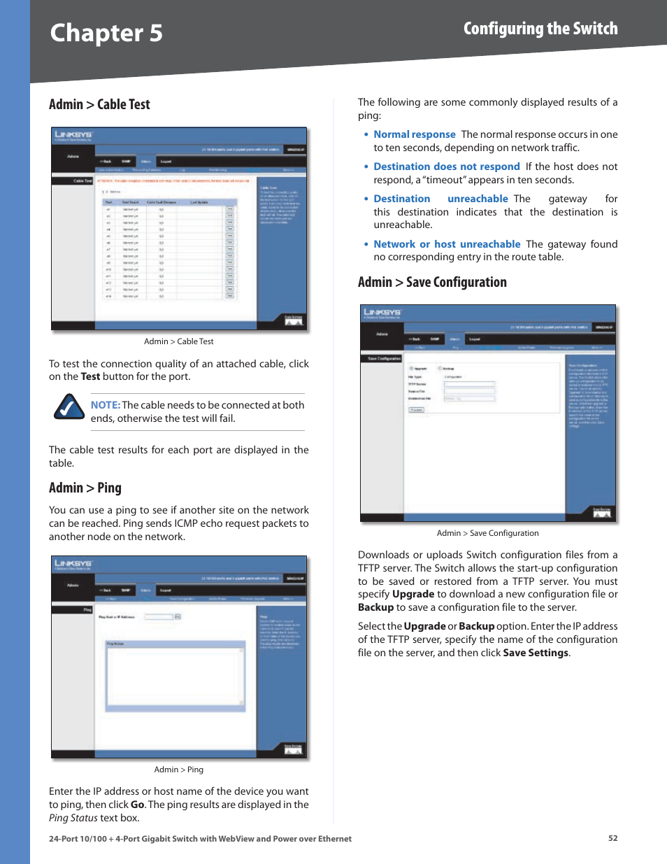 Admin > cable test, Admin > ping, Admin > save configuration | Chapter, Configuring the switch | Linksys SRW224G4P User Manual | Page 56 / 72