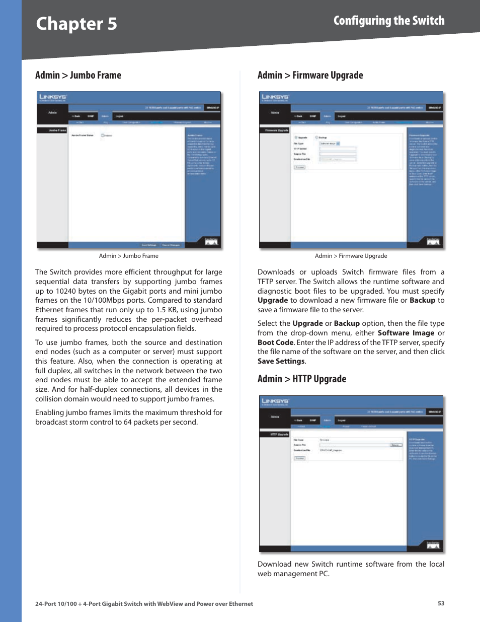 Admin > jumbo frame, Admin > firmware upgrade, Admin > http upgrade | Chapter, Configuring the switch | Linksys SRW224G4P User Manual | Page 57 / 72