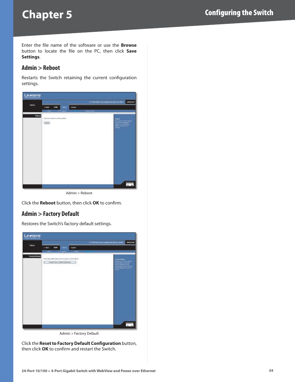 Admin > reboot, Admin > factory default, Admin > reboot admin > factory default | Chapter, Configuring the switch | Linksys SRW224G4P User Manual | Page 58 / 72