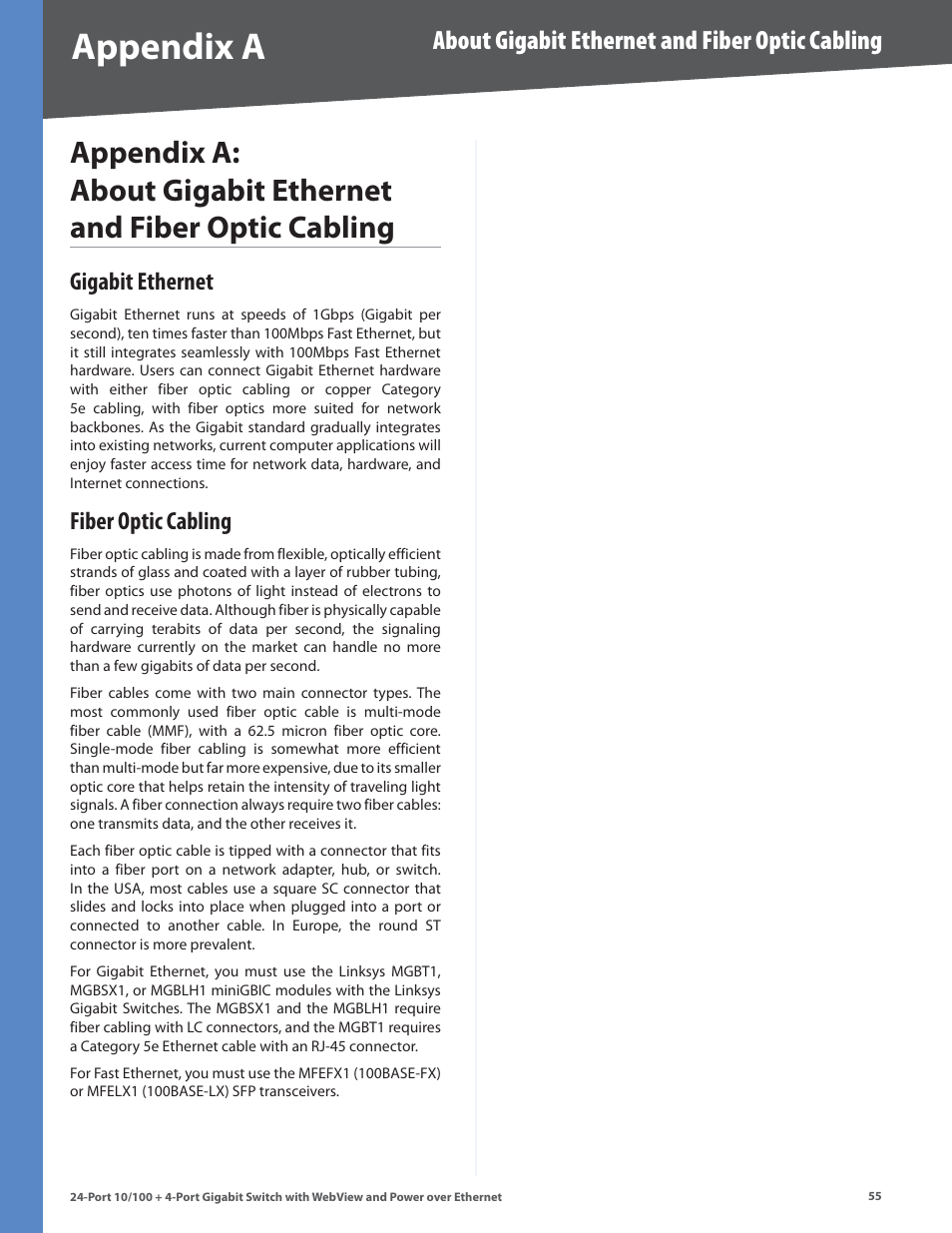 Gigabit ethernet, Fiber optic cabling, Gigabit ethernet fiber optic cabling | Appendx a, About gigabit ethernet and fiber optic cabling | Linksys SRW224G4P User Manual | Page 59 / 72