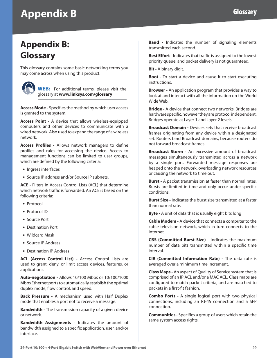 Appendix b: glossary, Appendx b, Appendx b: glossary | Glossary | Linksys SRW224G4P User Manual | Page 60 / 72