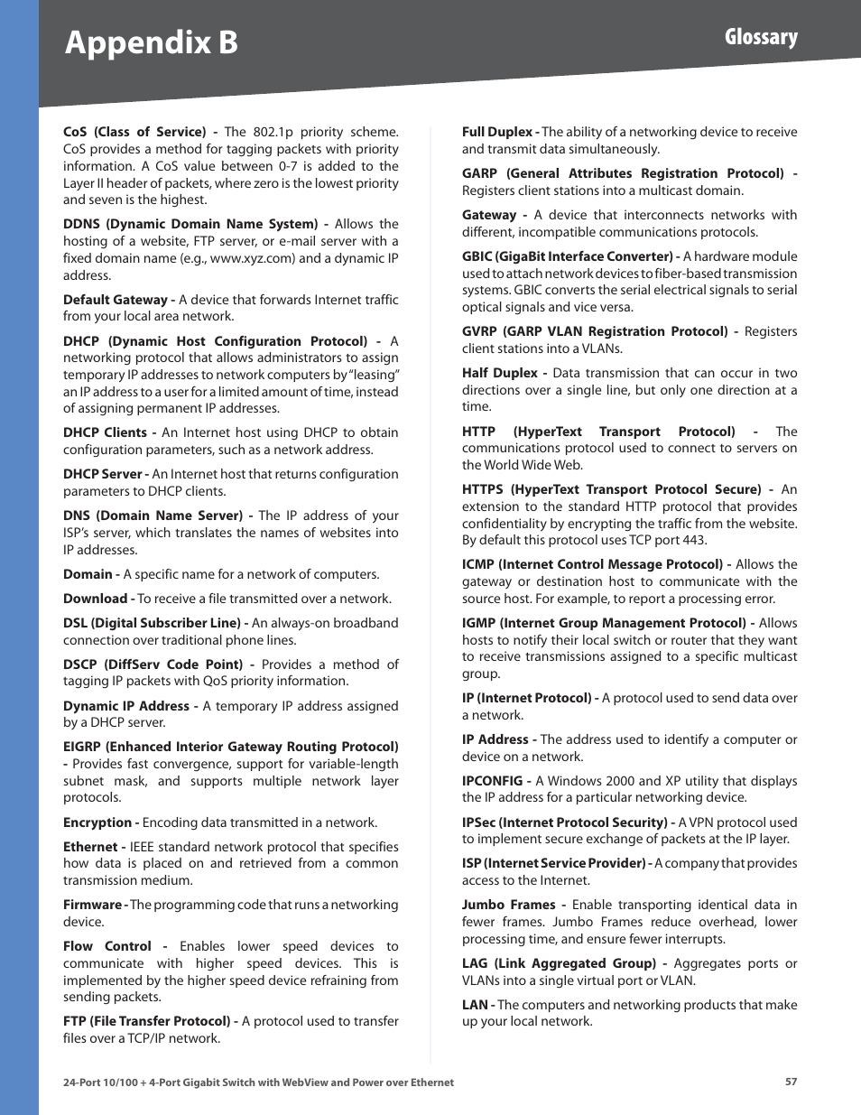 Appendx b, Glossary | Linksys SRW224G4P User Manual | Page 61 / 72