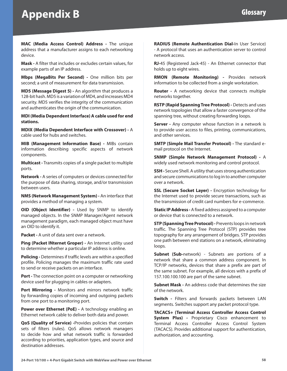 Appendx b, Glossary | Linksys SRW224G4P User Manual | Page 62 / 72