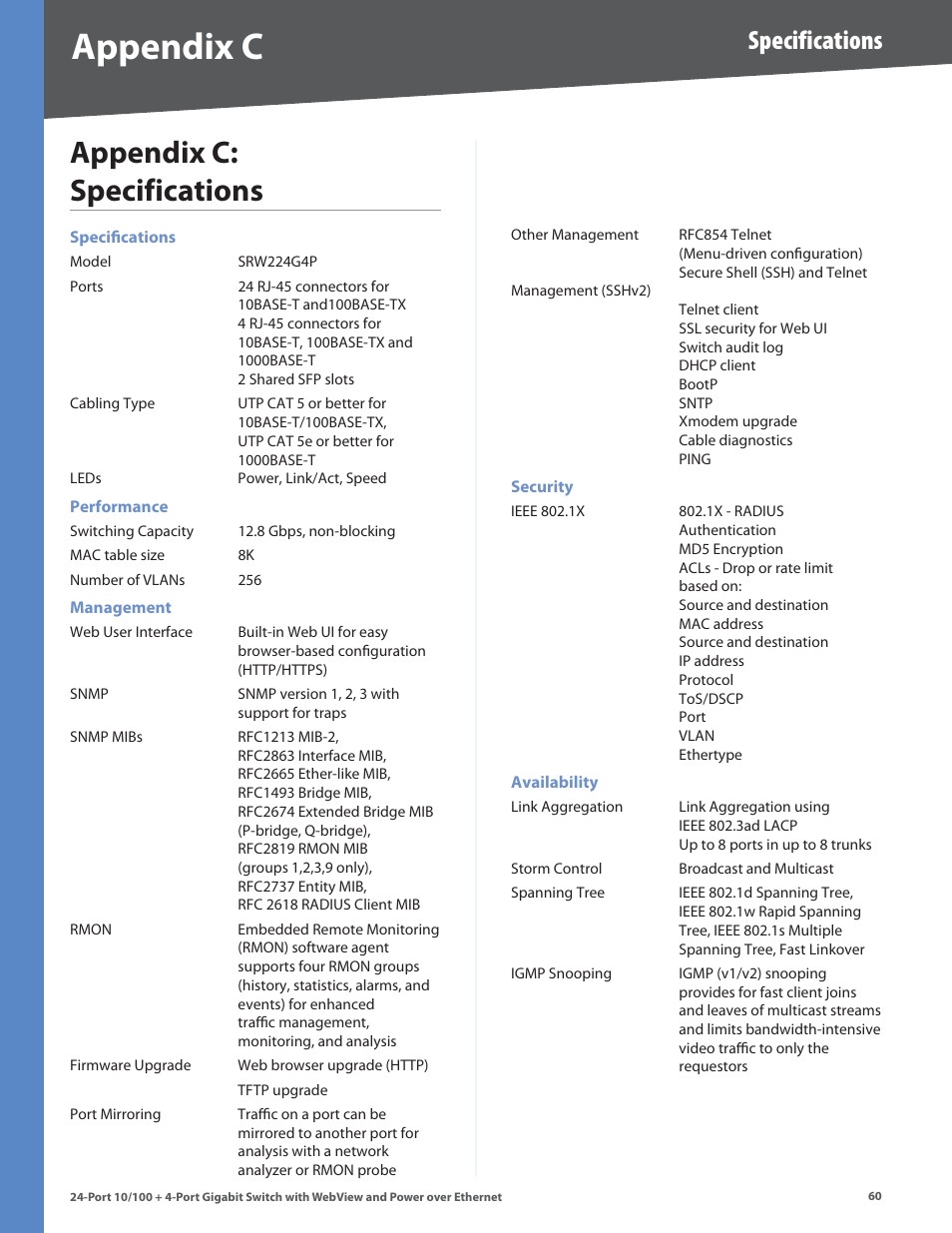 Appendix c: specifications, Appendx c, Appendx c: specfcatons | Specifications | Linksys SRW224G4P User Manual | Page 64 / 72
