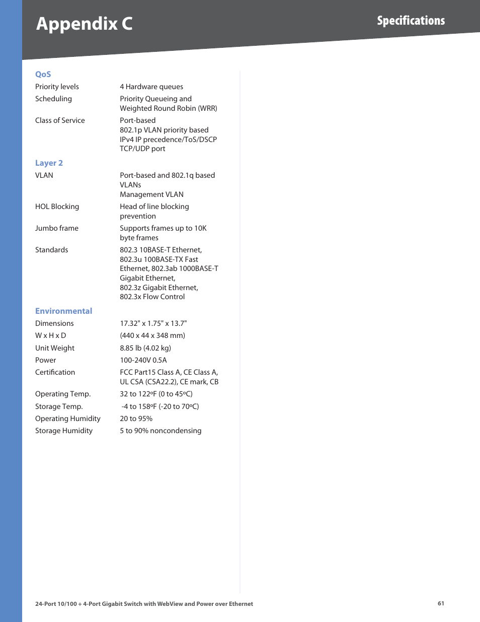 Appendx c, Specifications | Linksys SRW224G4P User Manual | Page 65 / 72