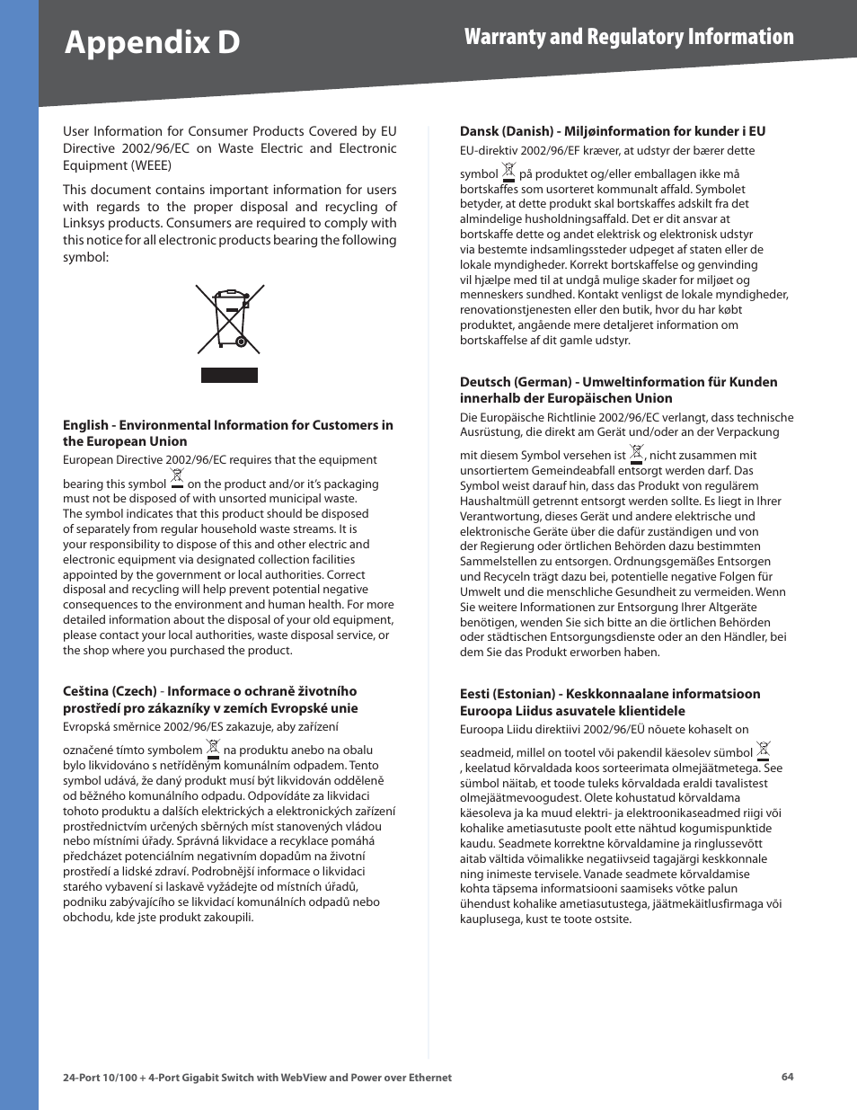 Appendx d, Warranty and regulatory information | Linksys SRW224G4P User Manual | Page 68 / 72
