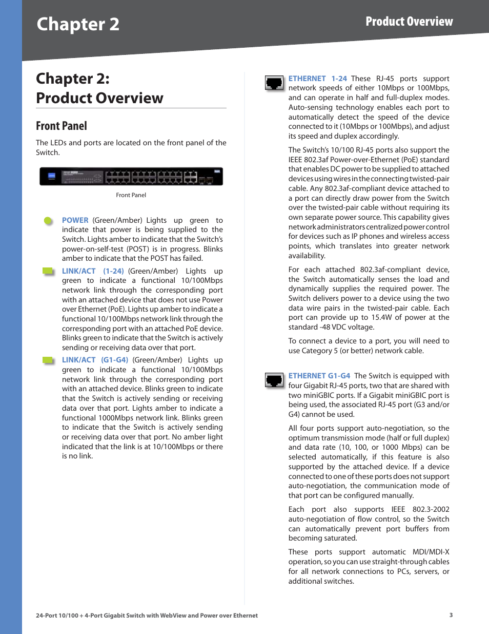 Chapter 2: product overview, Front panel, Chapter 2 | Chapter 2: product overvew, Product overview | Linksys SRW224G4P User Manual | Page 7 / 72