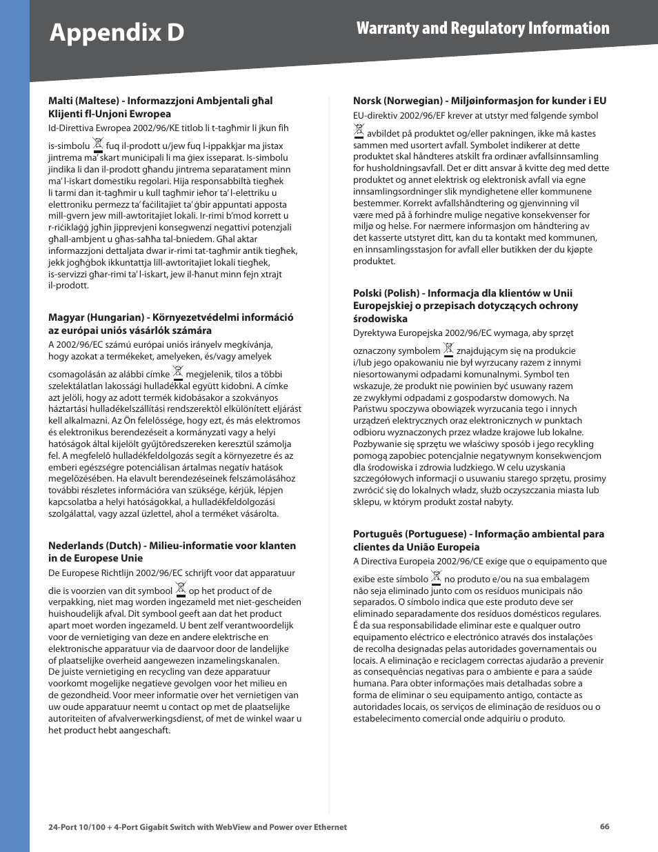 Appendx d, Warranty and regulatory information | Linksys SRW224G4P User Manual | Page 70 / 72