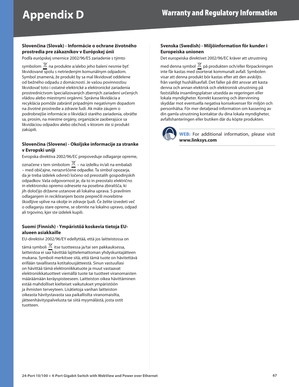 Appendx d, Warranty and regulatory information | Linksys SRW224G4P User Manual | Page 71 / 72