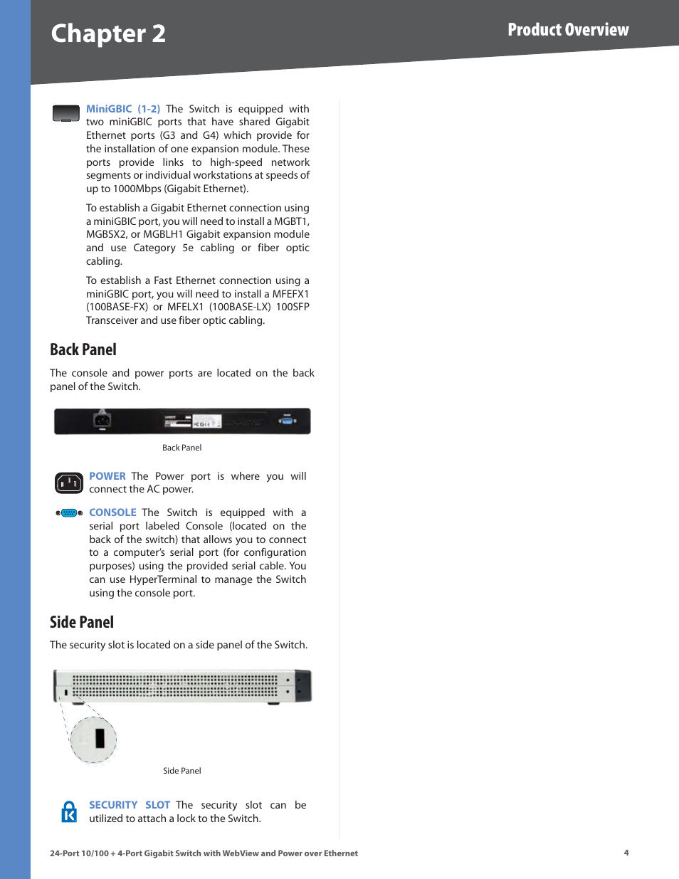 Back panel, Side panel, Back panel side panel | Chapter 2, Product overview | Linksys SRW224G4P User Manual | Page 8 / 72