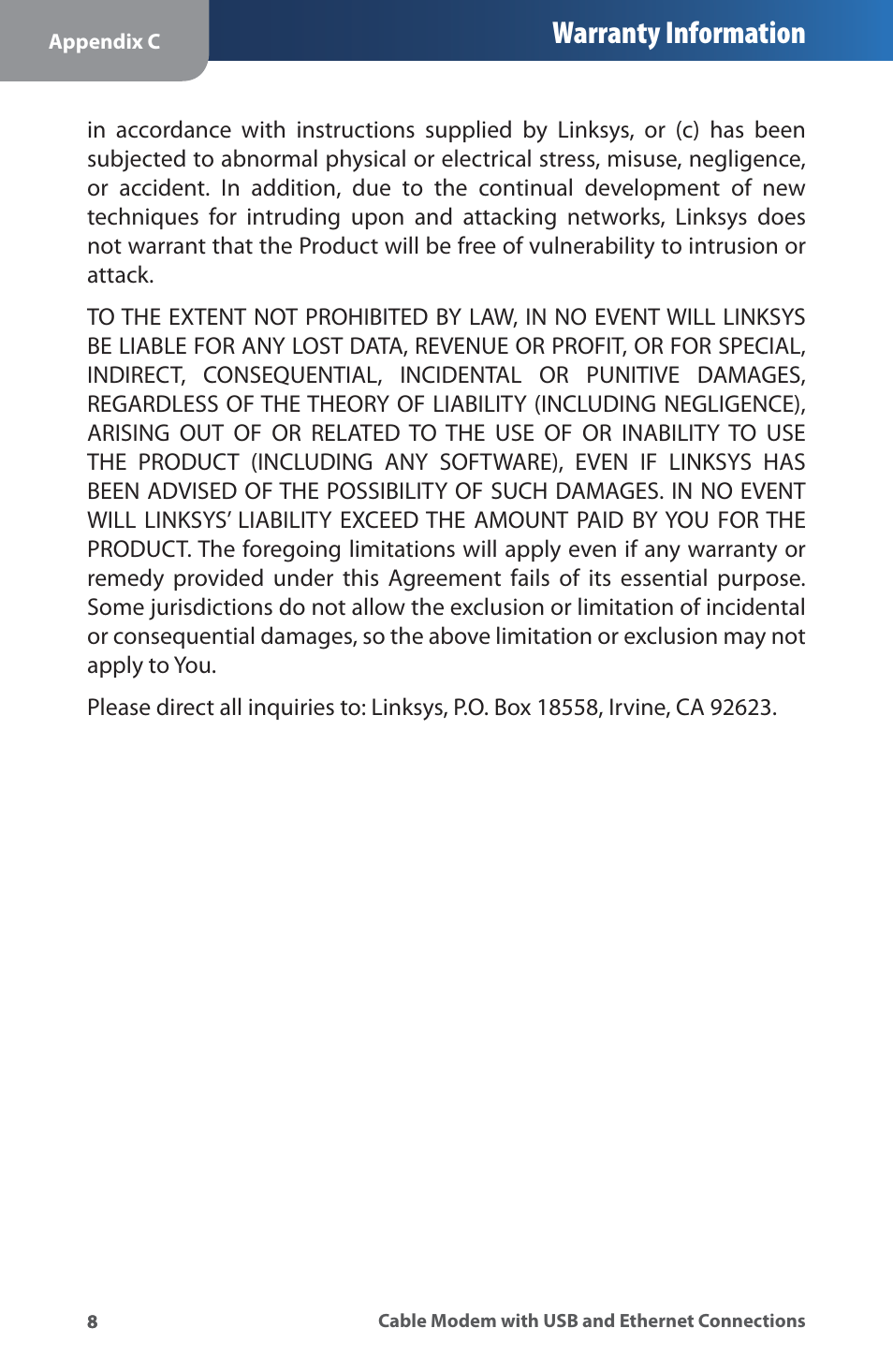 Warranty information | Linksys CM100 User Manual | Page 12 / 24