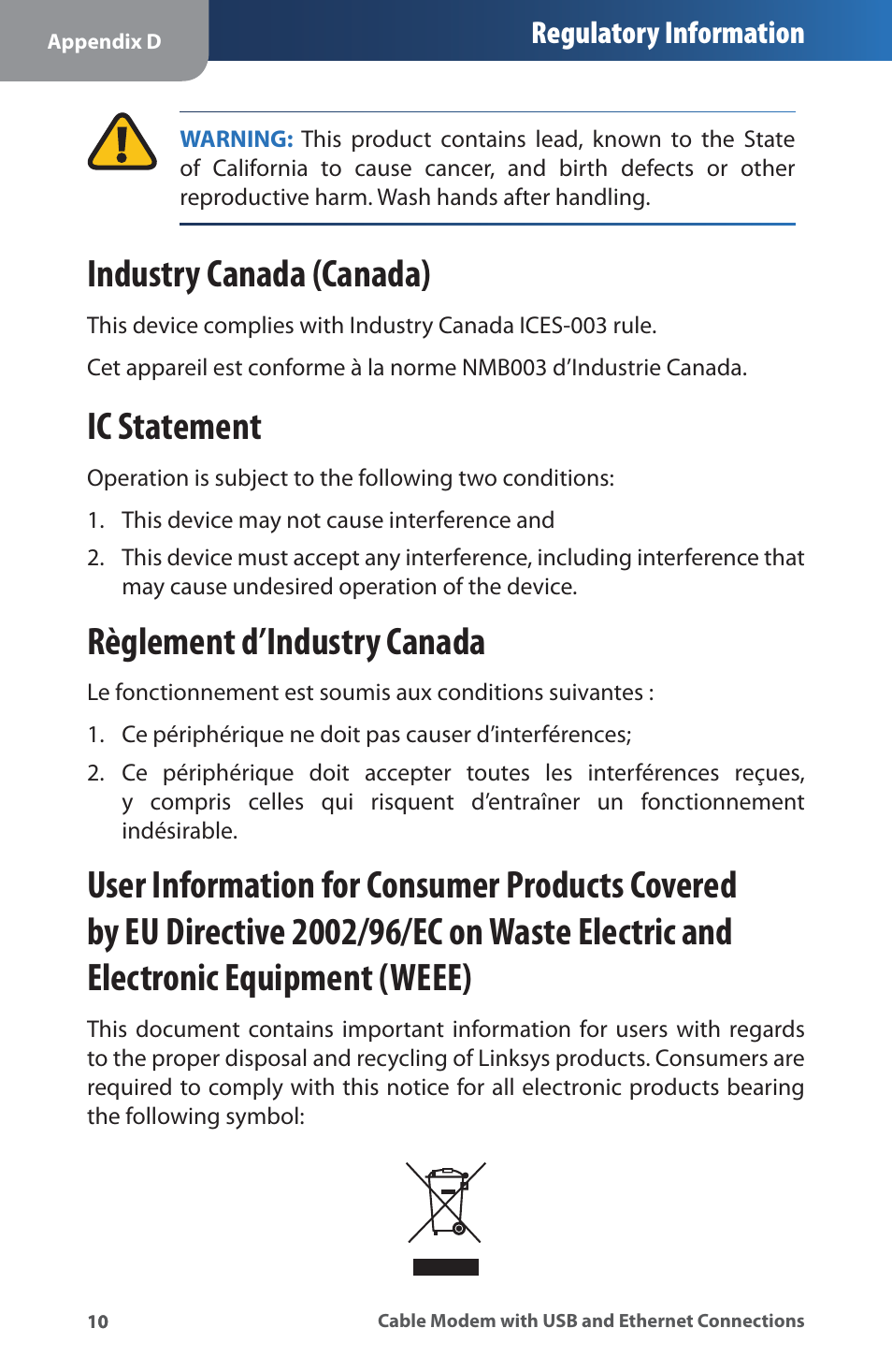 Industry canada (canada), Ic statement, Règlement d’industry canada | Regulatory information | Linksys CM100 User Manual | Page 14 / 24