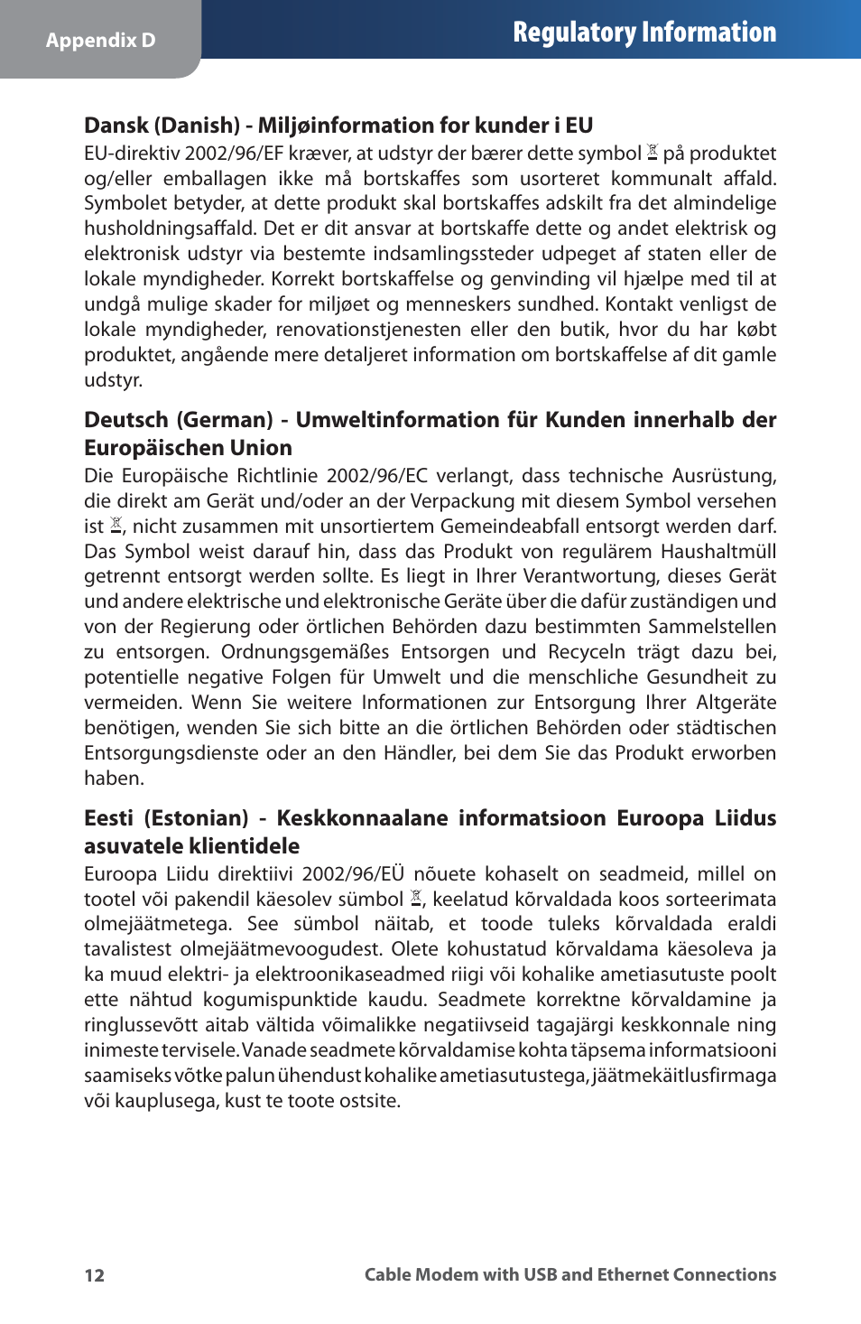 Regulatory information | Linksys CM100 User Manual | Page 16 / 24