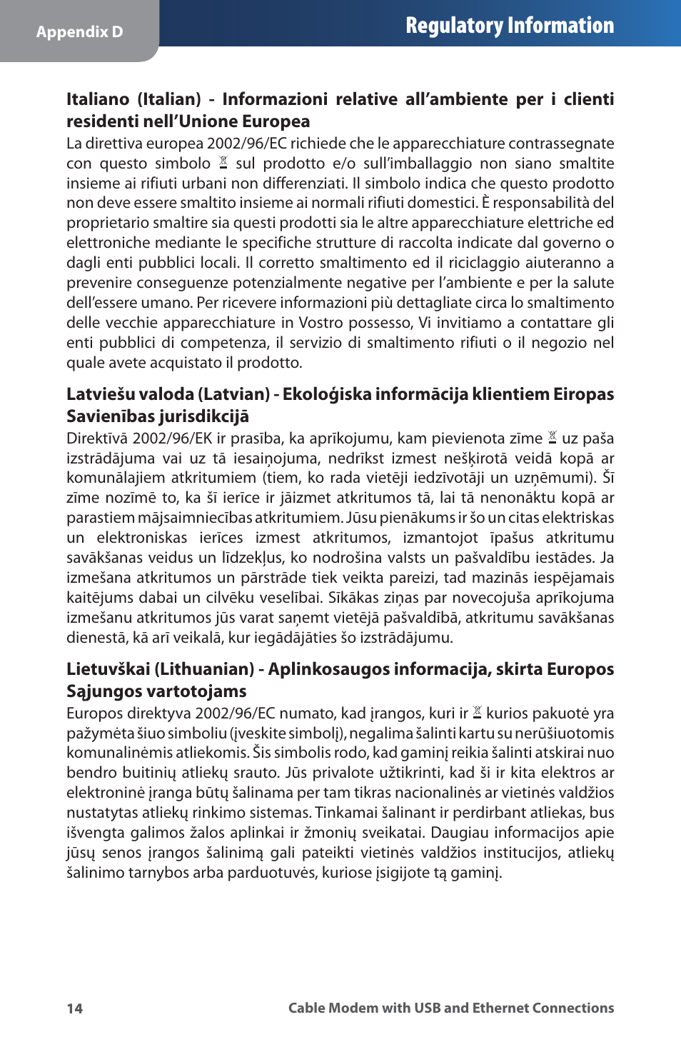 Regulatory information | Linksys CM100 User Manual | Page 18 / 24