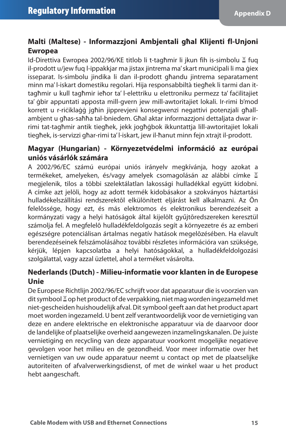 Regulatory information | Linksys CM100 User Manual | Page 19 / 24