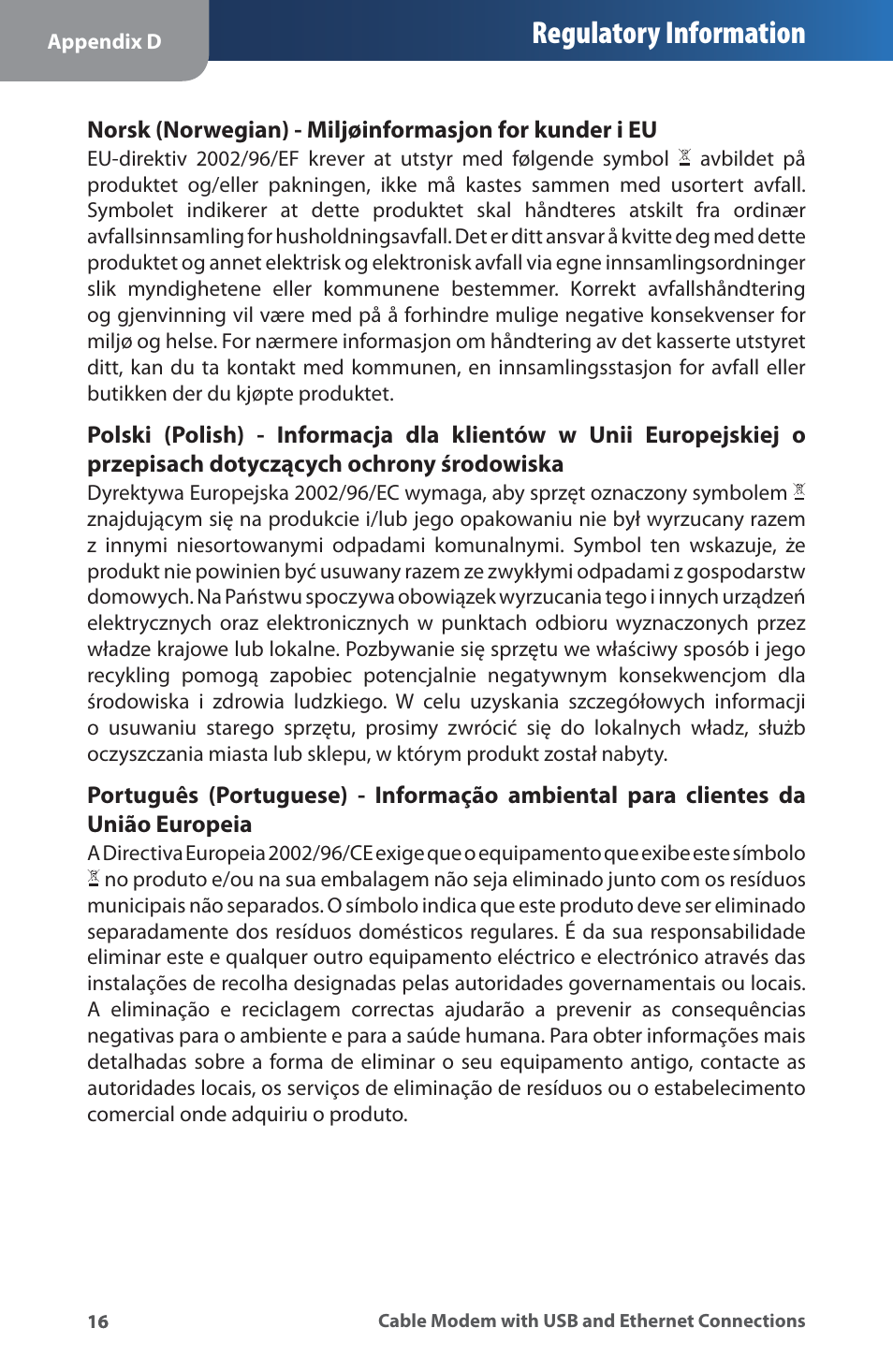 Regulatory information | Linksys CM100 User Manual | Page 20 / 24