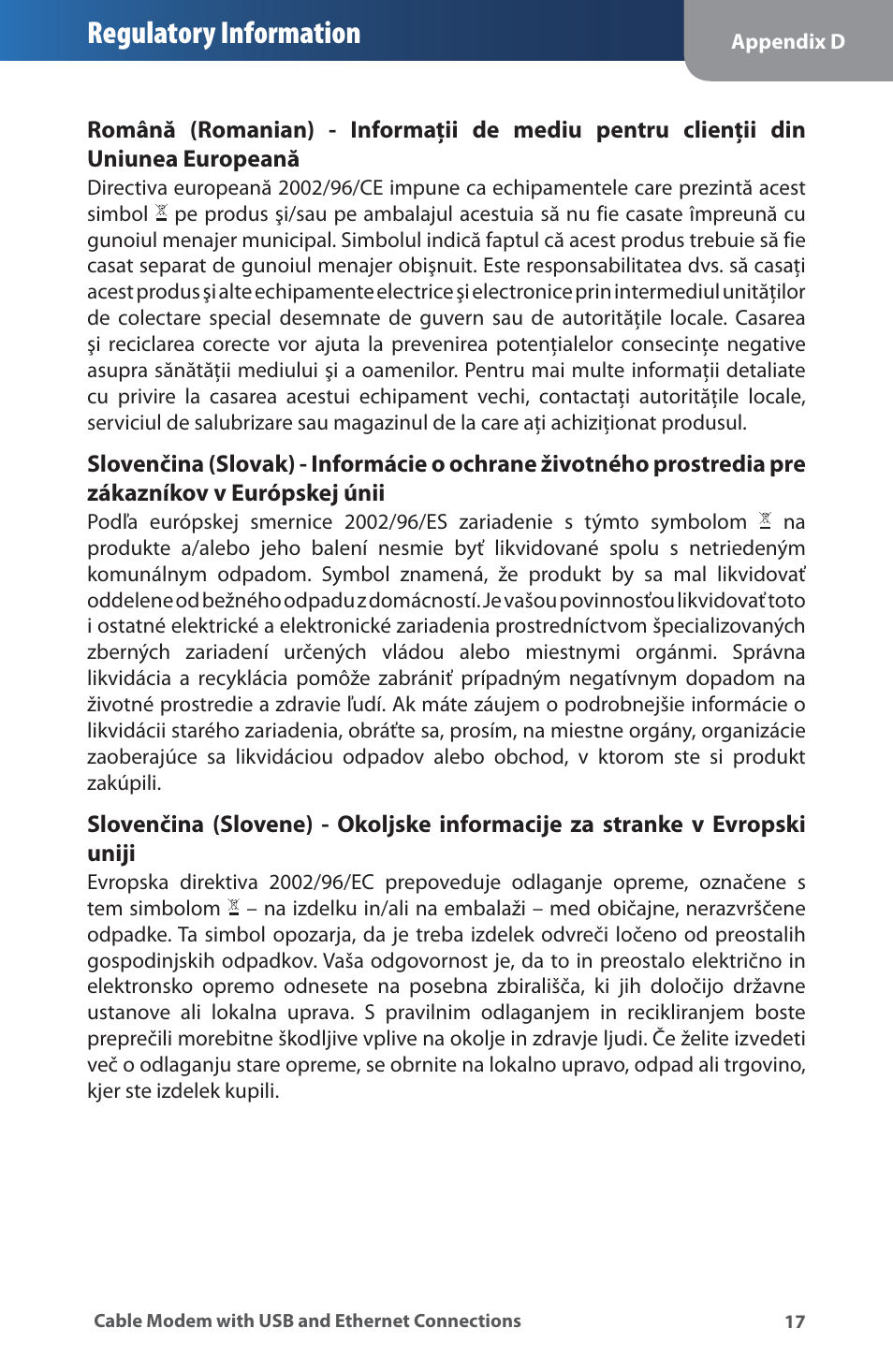 Regulatory information | Linksys CM100 User Manual | Page 21 / 24