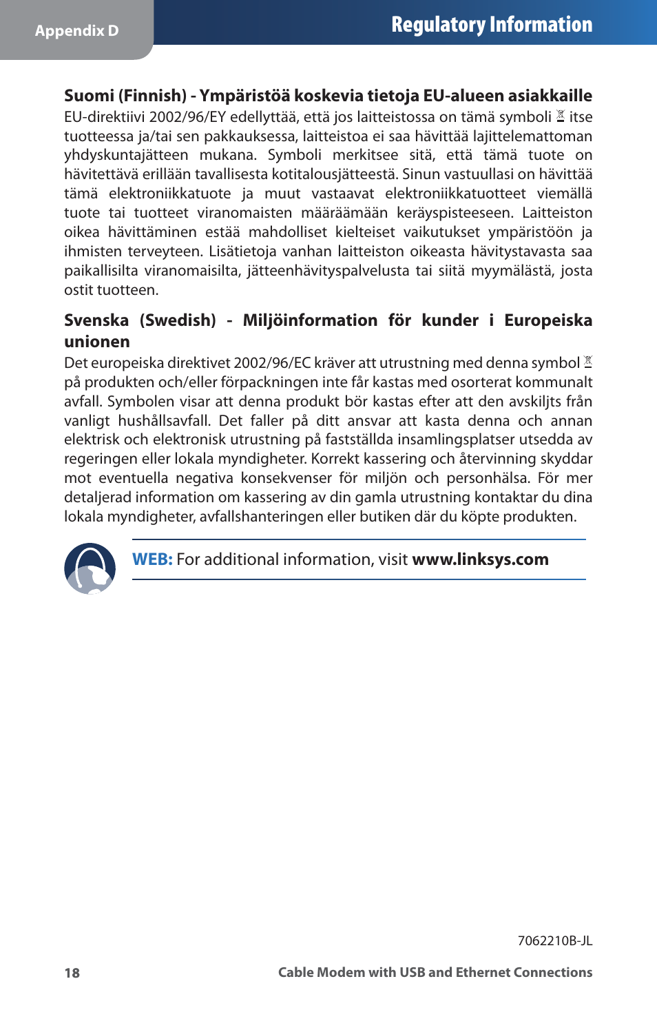 Regulatory information | Linksys CM100 User Manual | Page 22 / 24