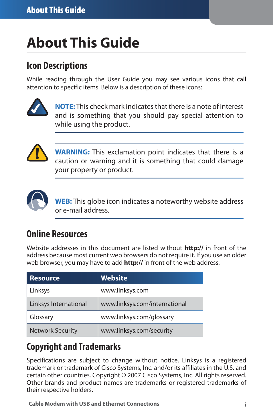 Aboutthsgude, Icon descriptions, Online resources | Copyright and trademarks, About this guide | Linksys CM100 User Manual | Page 3 / 24