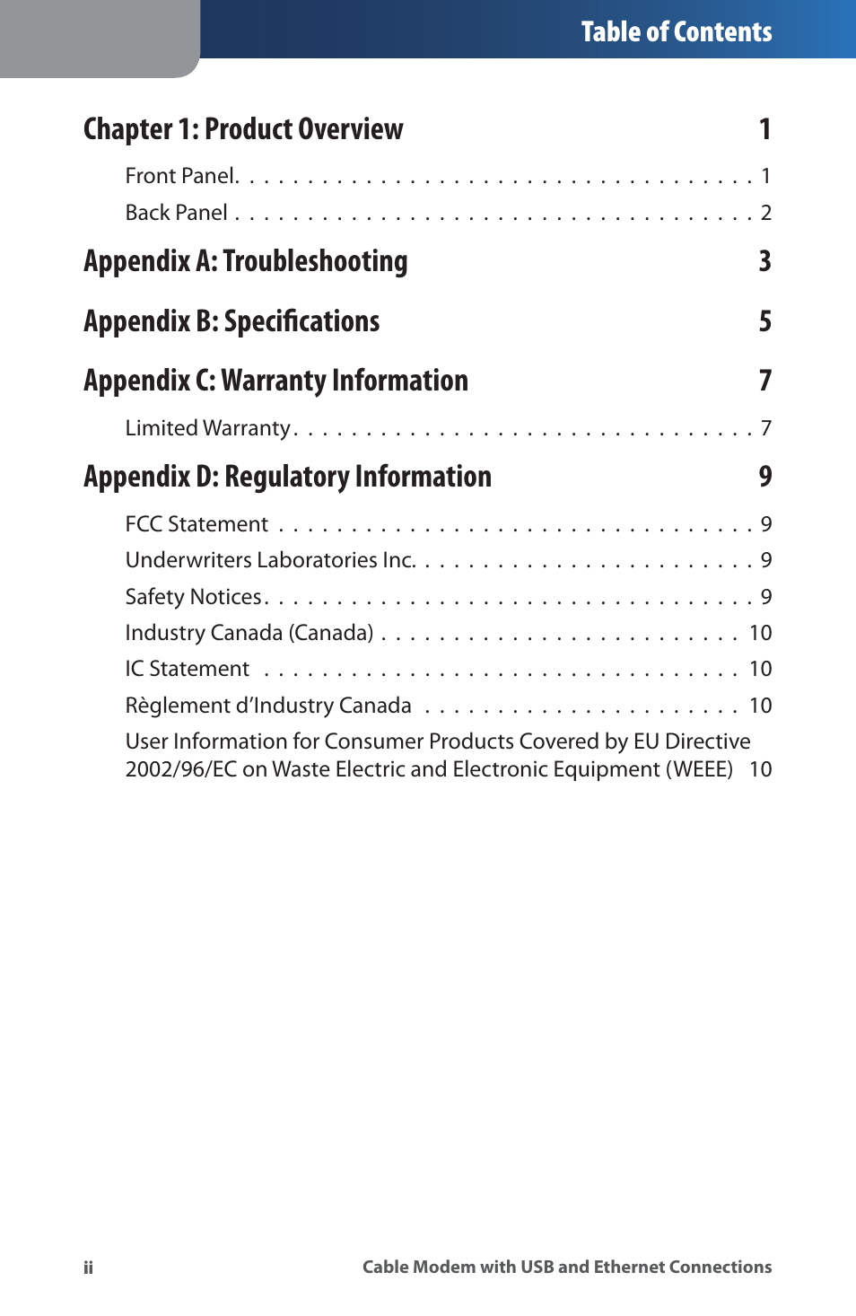 Chapter 1: product overview 1, Appendix d: regulatory information 9 | Linksys CM100 User Manual | Page 4 / 24