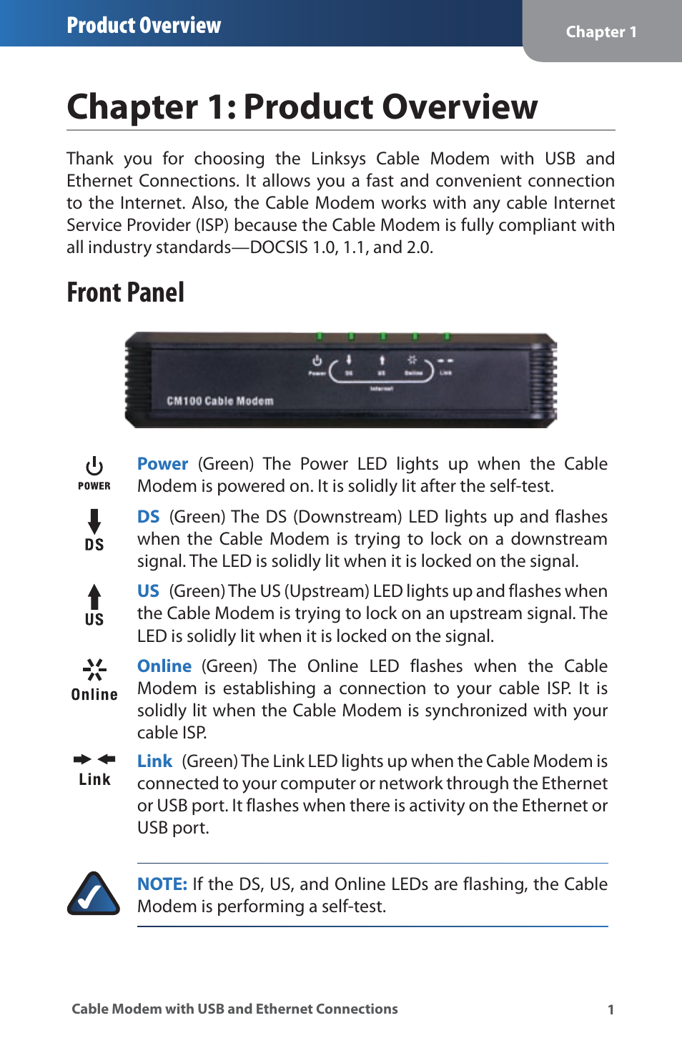 Chapter 1: product overview, Front panel, Chapter:productovervew | Product overview | Linksys CM100 User Manual | Page 5 / 24