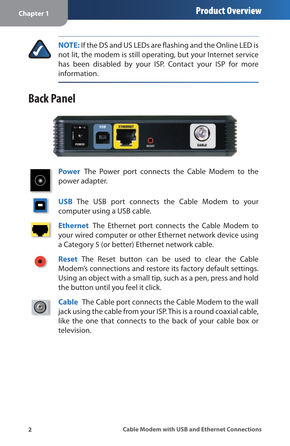 Back panel, Product overview | Linksys CM100 User Manual | Page 6 / 24