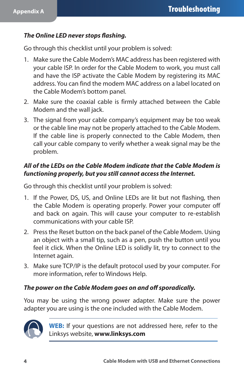Troubleshooting | Linksys CM100 User Manual | Page 8 / 24
