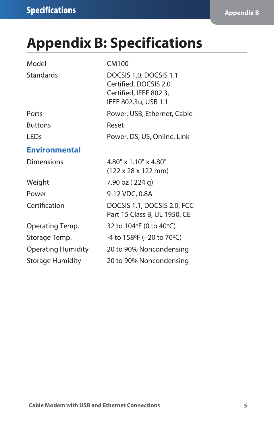 Appendix b: specifications, Appendxb:specfcatons, Specifications | Linksys CM100 User Manual | Page 9 / 24