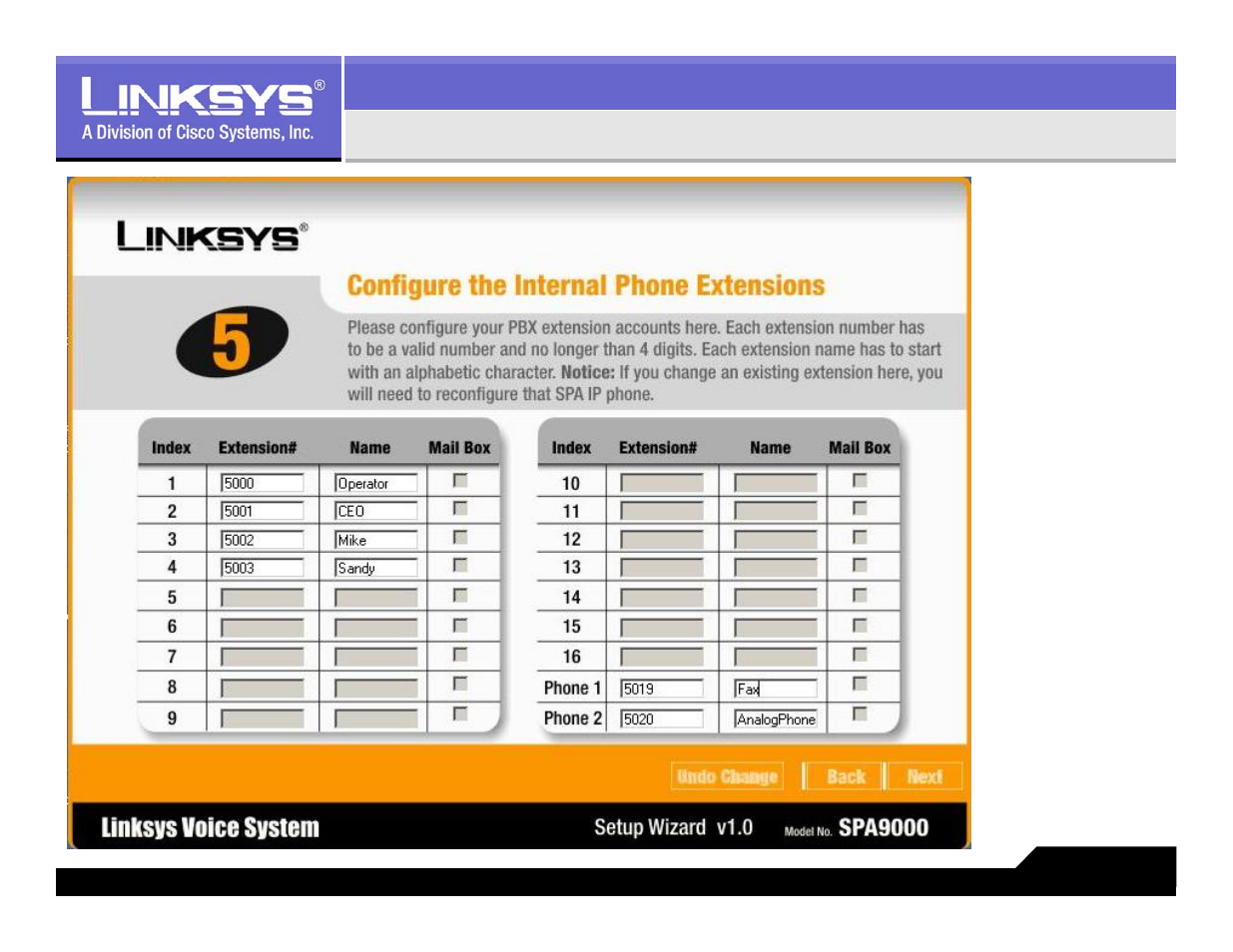 Important: configuring pbx extensions | Linksys LVS 9000 User Manual | Page 39 / 63