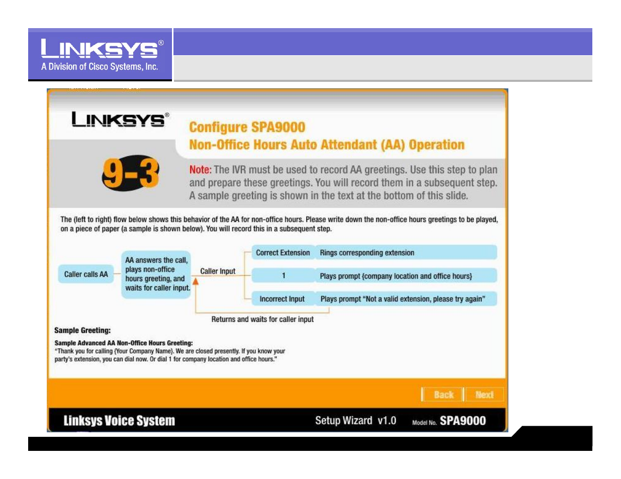 Aa call flow during non-office hours | Linksys LVS 9000 User Manual | Page 45 / 63