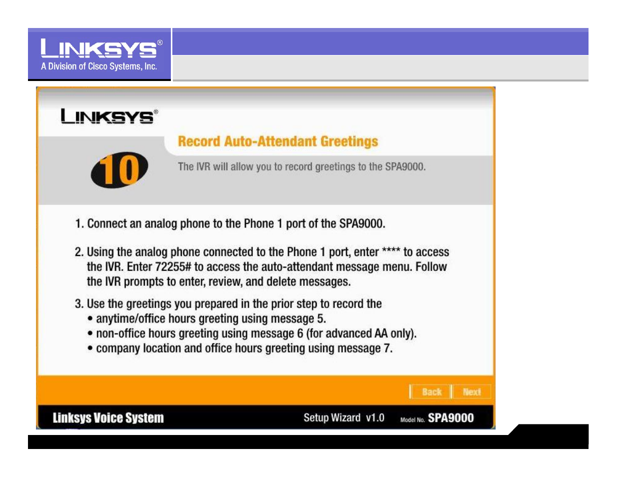 Recording of messages into aa | Linksys LVS 9000 User Manual | Page 46 / 63