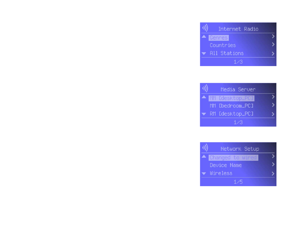 Internet radio menu, Media server menu, Network setup menu | Linksys WML11B User Manual | Page 38 / 68