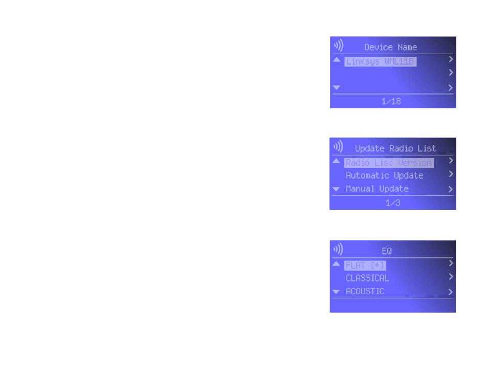 Network status menu, Update radio list menu, Eq menu | Linksys WML11B User Manual | Page 43 / 68