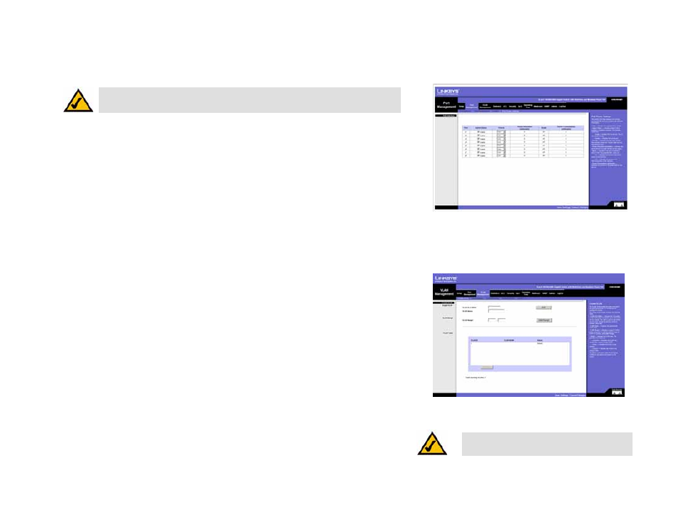Port management tab - poe power settings, Vlan management tab - create vlan | Linksys SRW2008 User Manual | Page 46 / 130