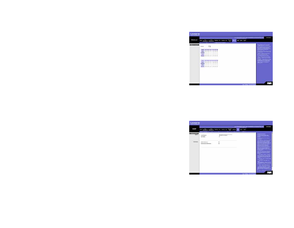 Multicast tab - bridge multicast forward all, Snmp tab - global parameters | Linksys SRW2008 User Manual | Page 84 / 130
