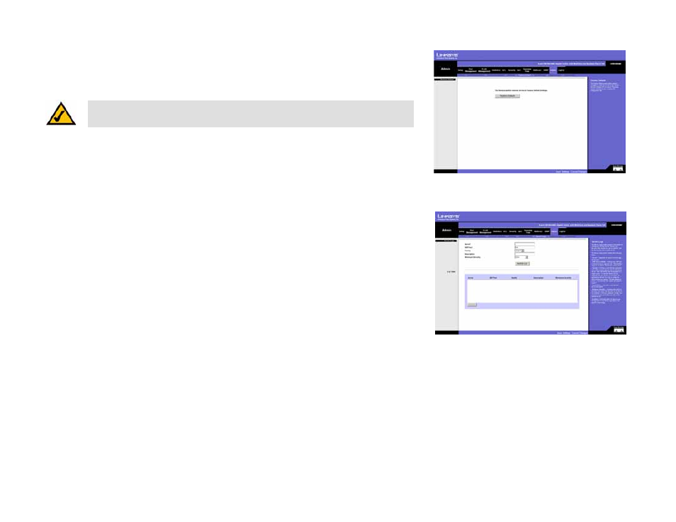 Admin tab - factory defaults, Admin tab - server logs | Linksys SRW2008 User Manual | Page 98 / 130