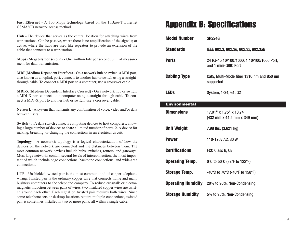 Appendix b: specifications | Linksys SR224G User Manual | Page 7 / 9