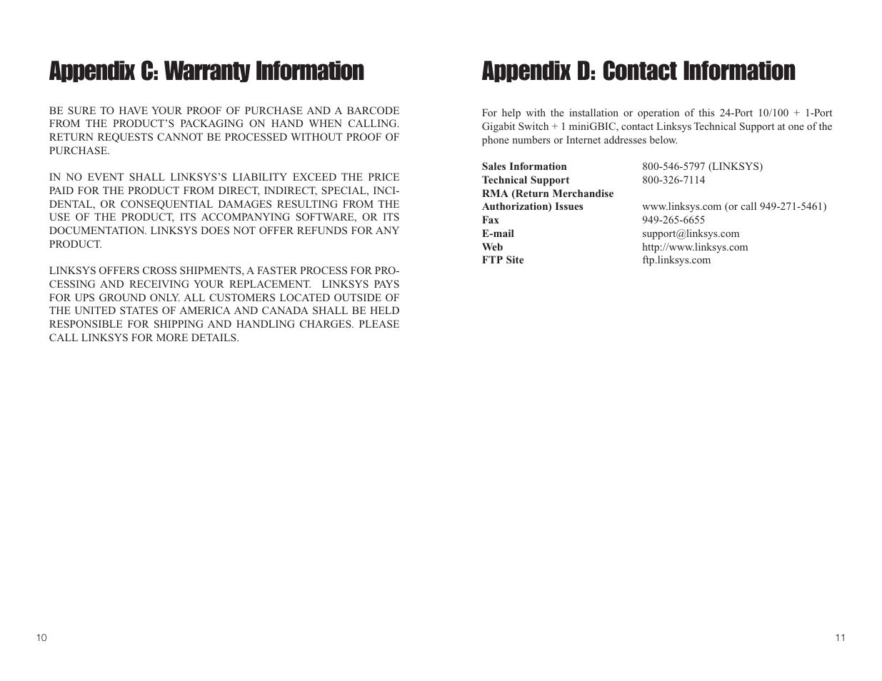 Appendix c: warranty information, Appendix d: contact information | Linksys SR224G User Manual | Page 8 / 9