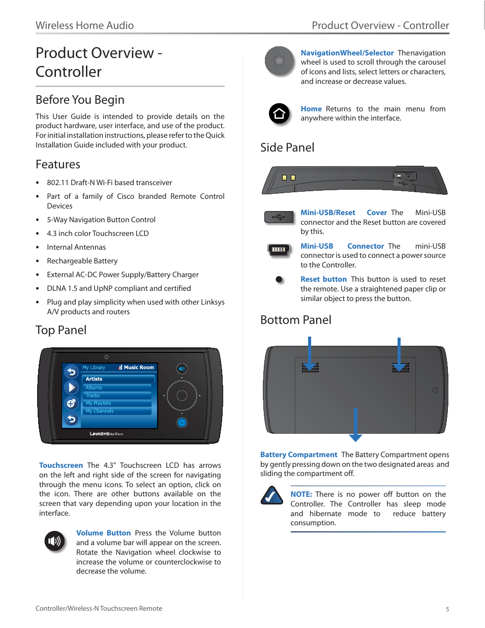 Product overview - controller, Before you begin, Features | Top panel, Side panel, Bottom panel, Wireless home audio | Linksys DMRW1000 User Manual | Page 12 / 58