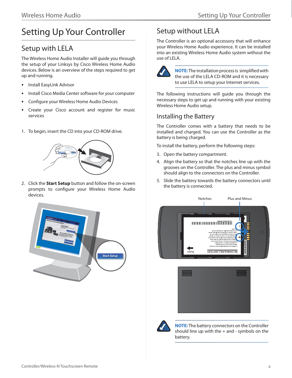 Setting up your controller, Setup with lela, Setup without lela | Installing the battery, Setup with lela 6 setup without lela 6, Wireless home audio | Linksys DMRW1000 User Manual | Page 13 / 58