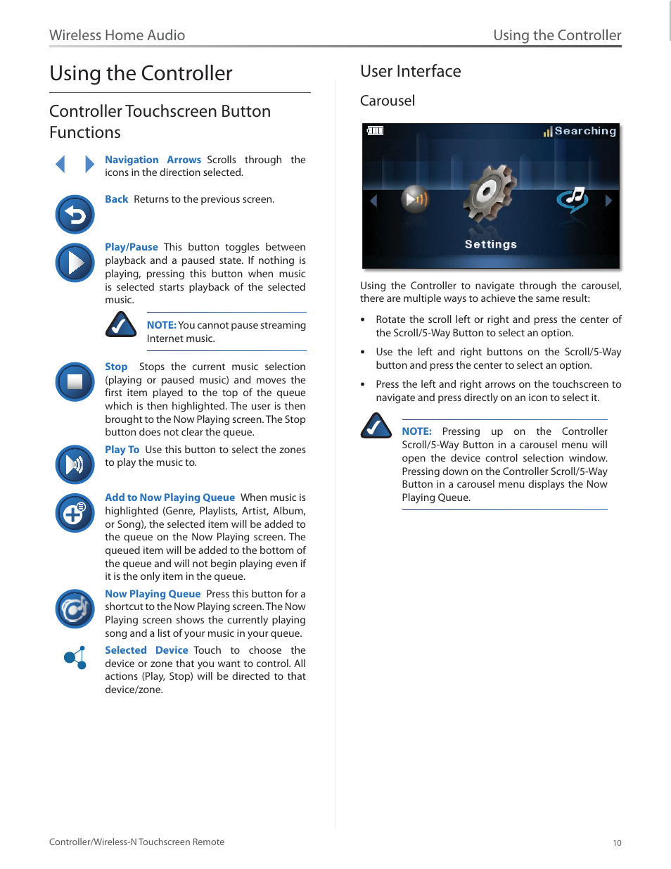 Using the controller, Controller touchscreen button functions, User interface | Carousel, Wireless home audio | Linksys DMRW1000 User Manual | Page 17 / 58