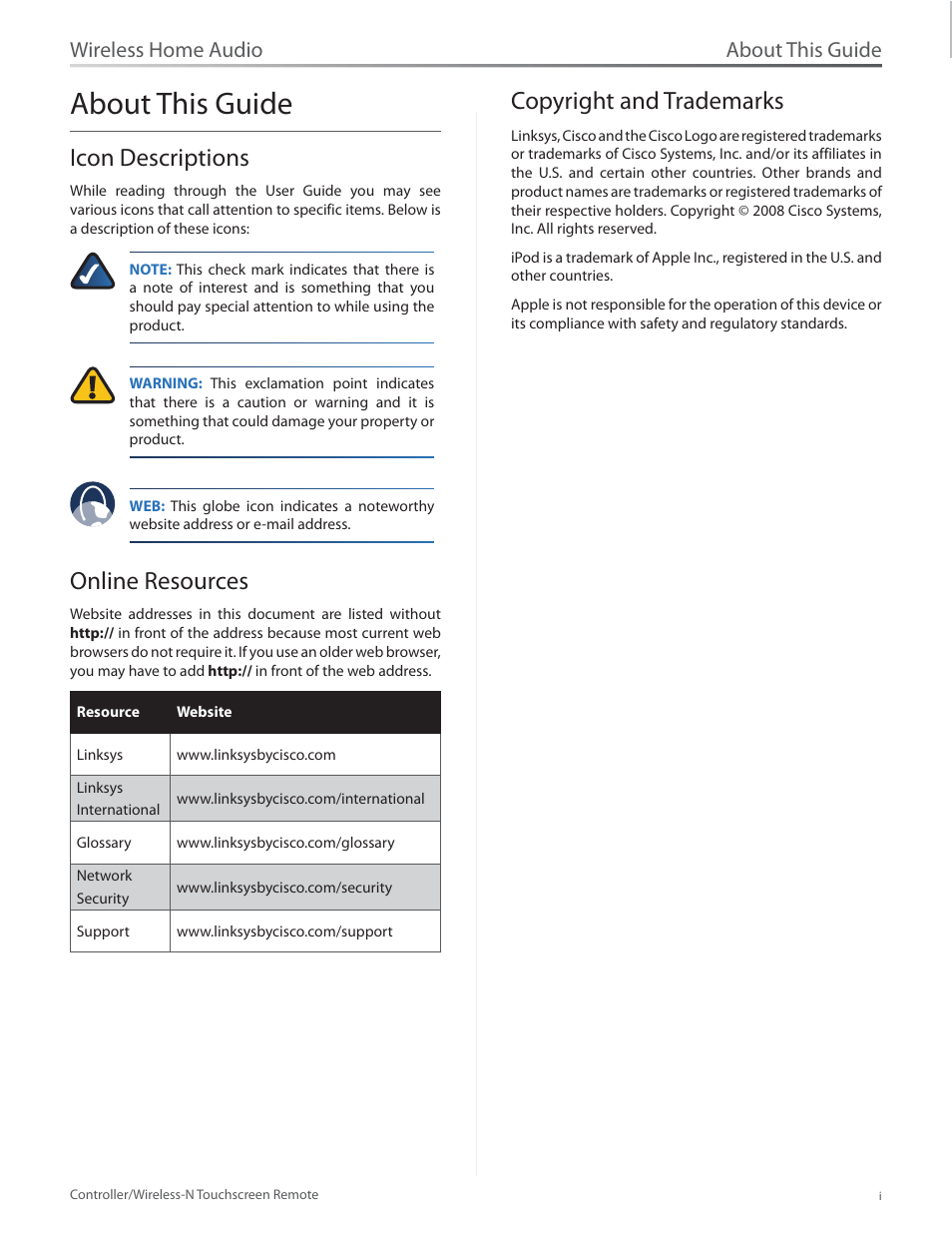 About this guide, Icon descriptions, Online resources | Copyright and trademarks, Wireless home audio | Linksys DMRW1000 User Manual | Page 2 / 58