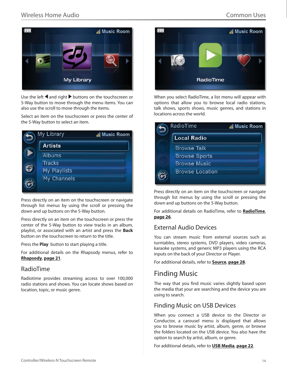 Radiotime, External audio devices, Finding music | Finding music on usb devices, Radiotime external audio devices, Finding music 14, Common uses, Wireless home audio | Linksys DMRW1000 User Manual | Page 21 / 58