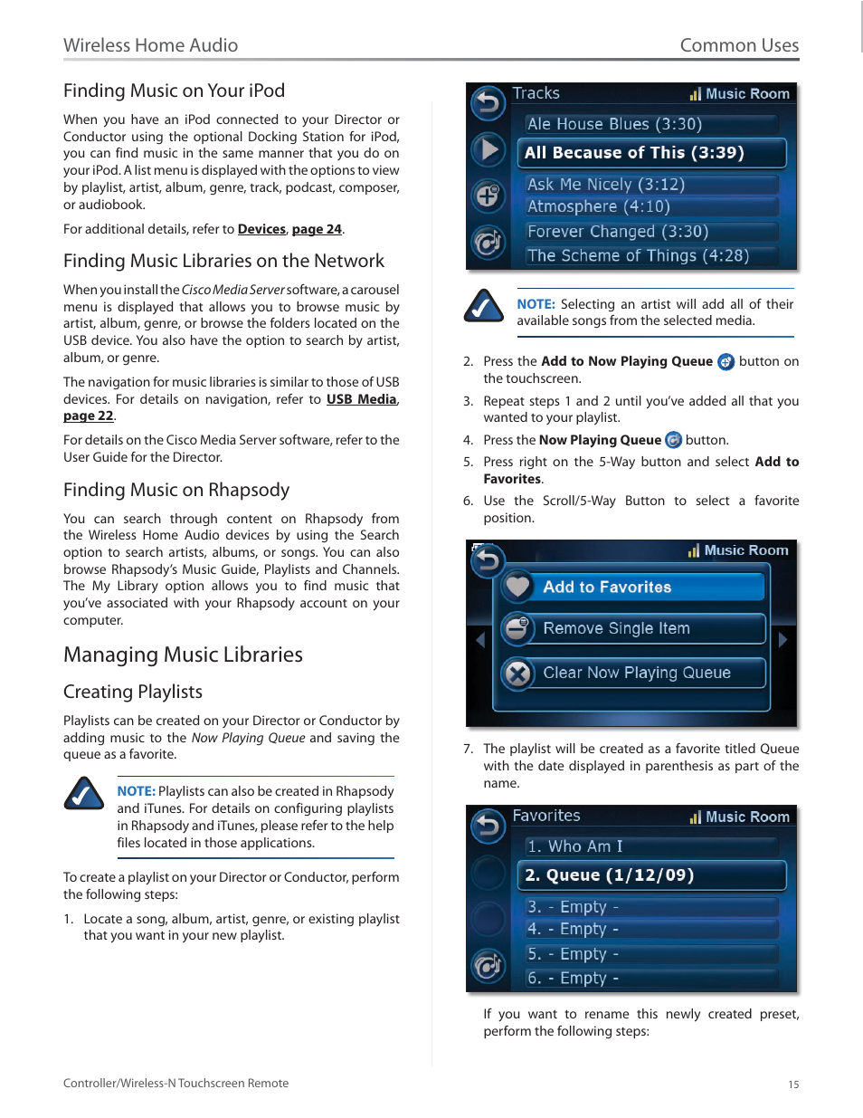 Finding music on your ipod, Finding music libraries on the network, Finding music on rhapsody | Managing music libraries, Creating playlists, Managing music libraries 15, Common uses, Wireless home audio finding music on your ipod | Linksys DMRW1000 User Manual | Page 22 / 58