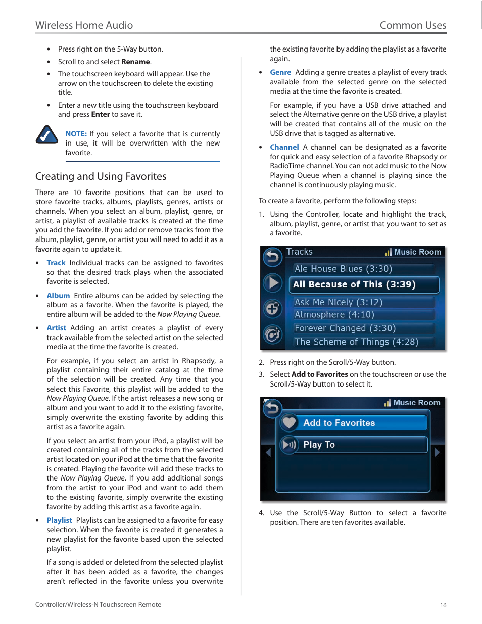 Creating and using favorites, Common uses, Wireless home audio | Linksys DMRW1000 User Manual | Page 23 / 58