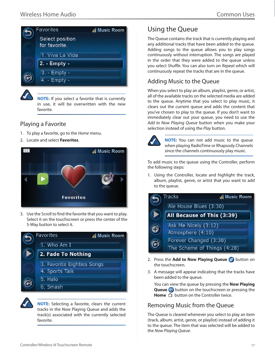 Playing a favorite, Using the queue, Adding music to the queue | Removing music from the queue, Using the queue 17, Common uses, Wireless home audio | Linksys DMRW1000 User Manual | Page 24 / 58