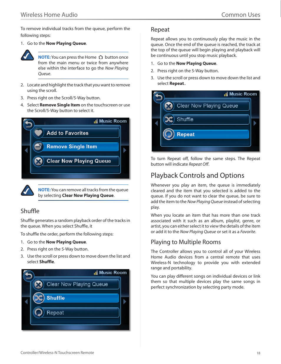 Shuffle, Repeat, Playback controls and options | Playing to multiple rooms, Shuffle repeat, Playback controls and options 18, Common uses, Wireless home audio | Linksys DMRW1000 User Manual | Page 25 / 58